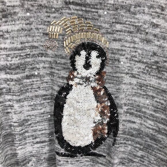 Catherines Shirt Womens 2X Penguin Sequins Gray Marl Ruched Tie Sides 3/4 Sleeve - Picture 2 of 10